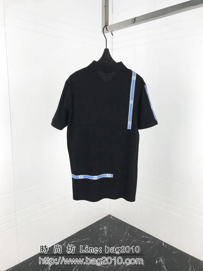 FENDI芬迪  19ss早春新款 粉色豎條FF印花logo 黑色絲光珠地棉 男款Polo衫 ydi1975
